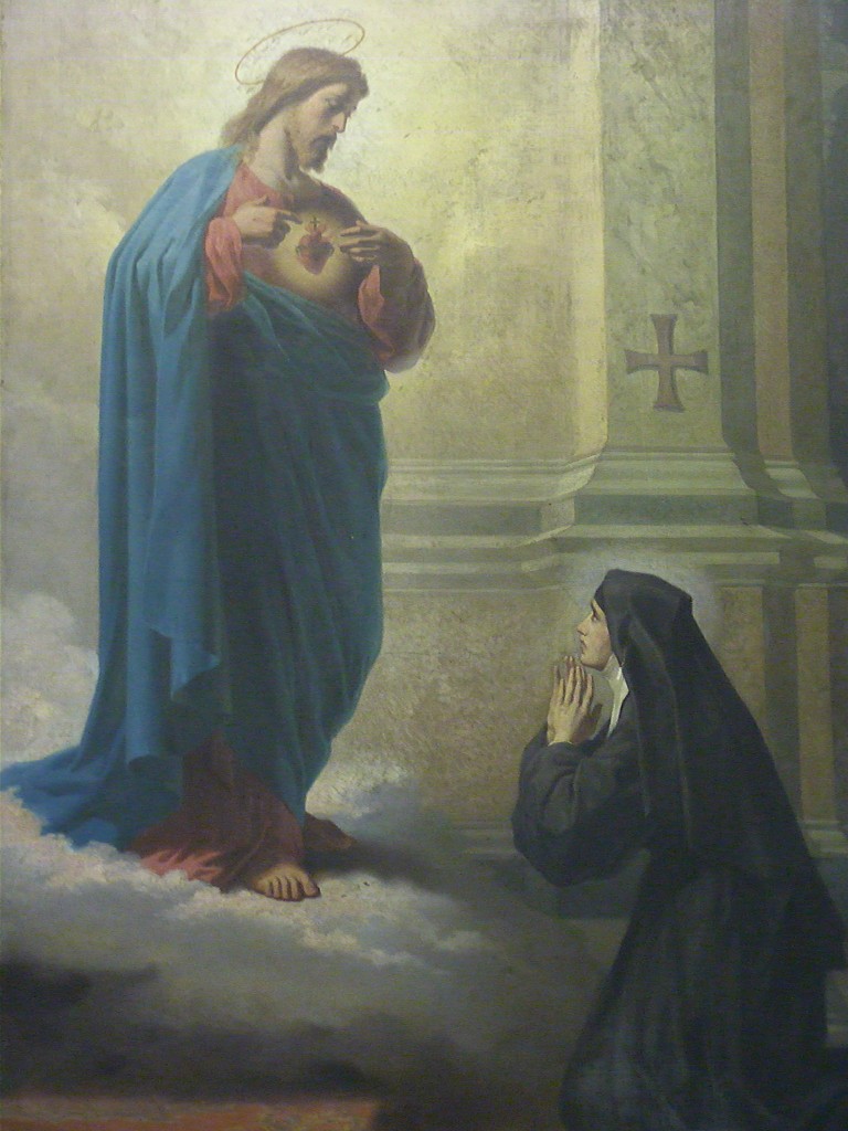 Nosso Senhor Jesus Cristo aparece a Santa Margarida Maria Alacoque para revelar ao mundo a devoção a Seu Sagrado Coração. Sagrado Coração de Jesus