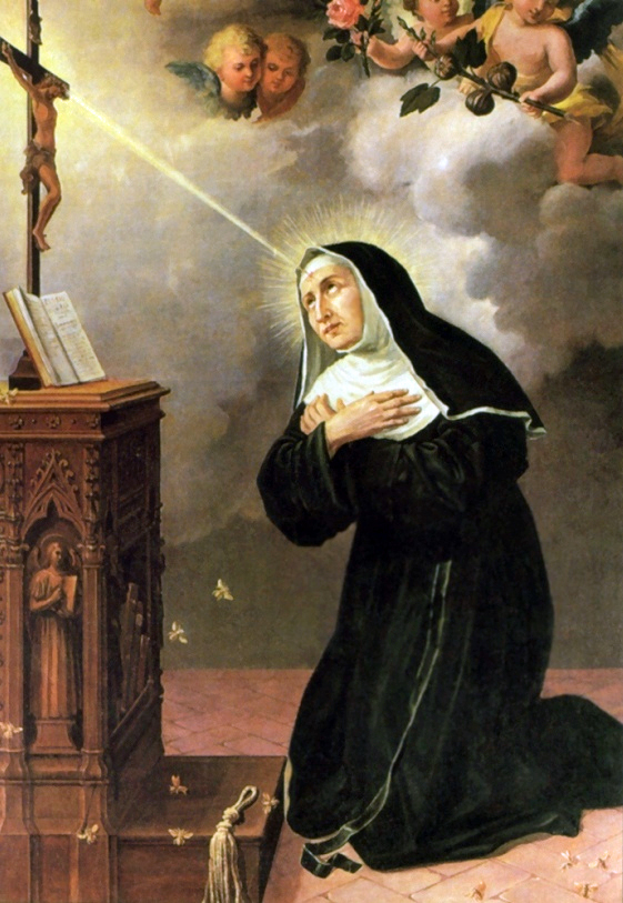 Pintura de Santa Rita de Cássia recebendo uma das Chagas de Nosso Senhor, em sua testa.