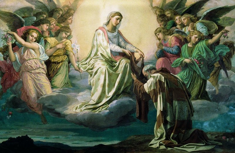 A Santíssima Virgem Maria entrega Seu Escapulário a São Simão Stock.