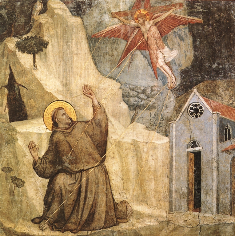 Nesta pintura, São Francisco recebe o Anjo que se assemelha a Nosso Senhor pregado na Cruz.