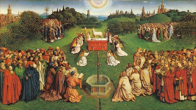 Todos os Santos se reunem em adoração ao Cordeiro de Deus. E todos são iluminados pela graça do Espírito Santo. Todos os Santos se reúnem em adoração ao Cordeiro de Deus. E todos são iluminados pela graça do Espírito Santo.