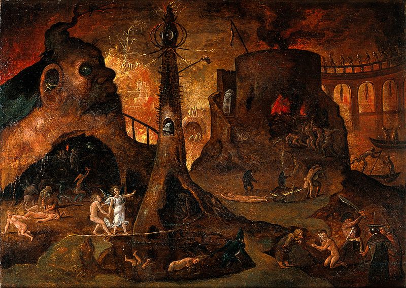 Um Anjo levando uma alma para o Inferno - pintura a óleo de Hieronymus Bosch.