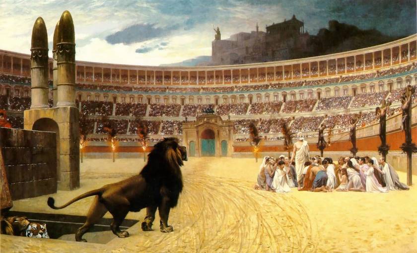 A pintura retrata o martírio dos cristãos em Roma, lançados às feras para serem devorados. Mártires