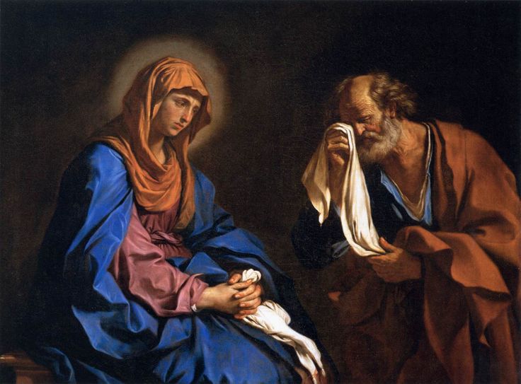 São Pedro chorando diante de Nossa Senhora após ter negado Jesus por três vezes.