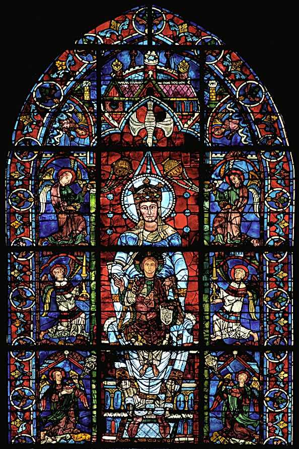 Vitral da Catedral de Notre Dame em Paris de Nossa Senhora com o Menino Jesus