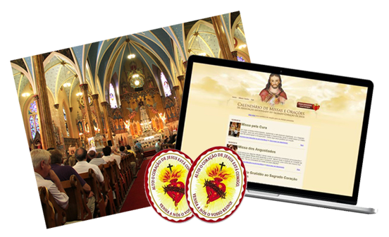 Famílias do Sagrado Coração de Jesus - Imagem de uma Missa, um monitor e um Escudo do Coração de Jesus