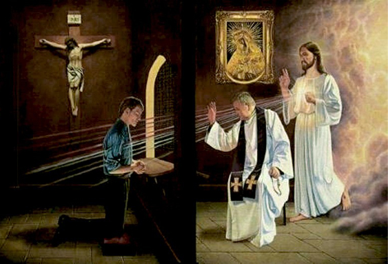 Confissão - Homem se confessando com Padre e Jesus ao fundo o absolvendo de seus pecados. 